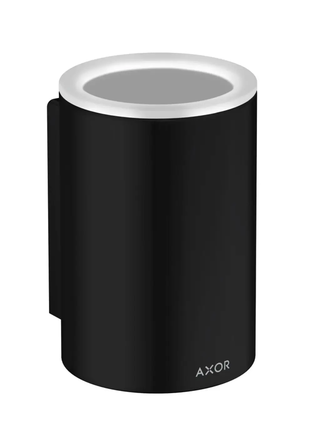 Schwarzer zylindrischer Zahnputzbecher mit runder Öffnung. Auf der Vorderseite ist das Logo der Marke AXOR zu sehen.